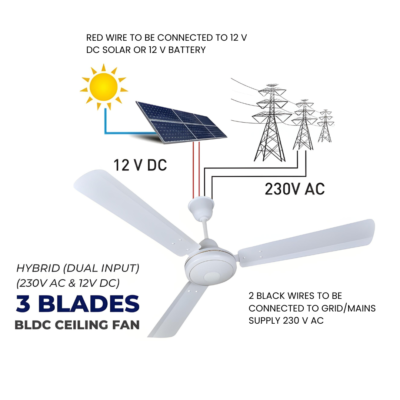 DUAL INPUT HYBRID (230V AC& 12V DC) REMOTE CONTROLLED BLDC CEILING FAN (1200mm/48inch)