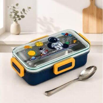 ALQO Stainless Steel Kids Lunch Box 530ml| Space Cartoon Printed Portable Lunch Box  with Secure Locking Lid for School, Travel & Outdoor Use |  | Leak-Proof | Easy to Clean